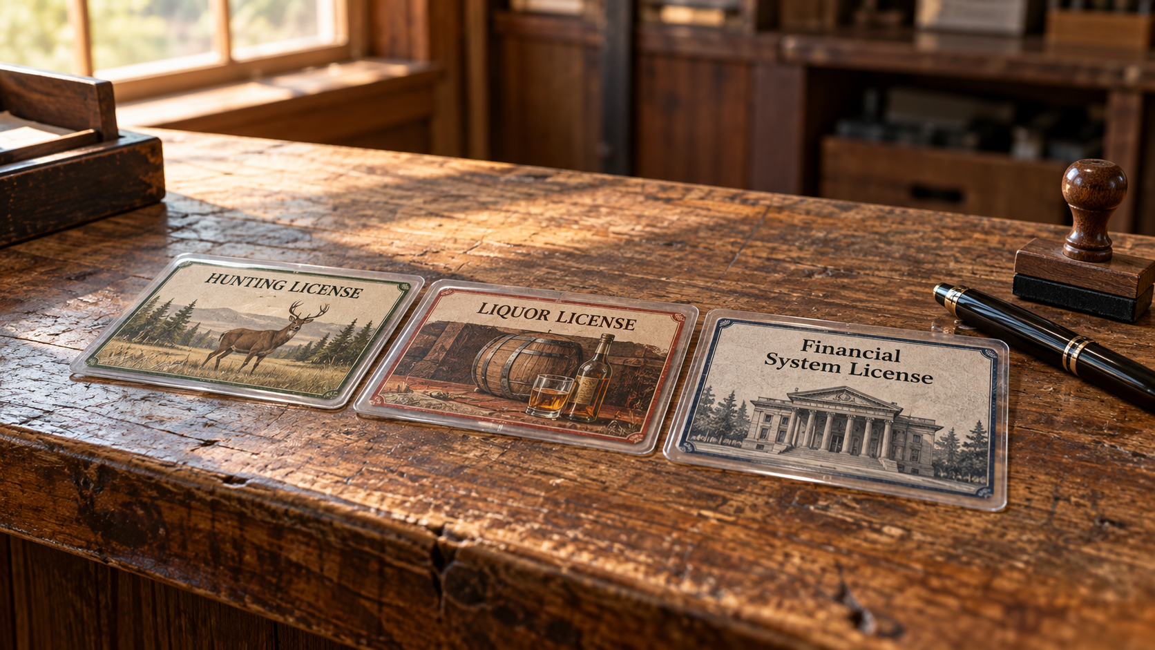 A wooden counter with three plastic-sleeved license cards side by side: a hunting license, a liquor license, and a third card in the same style labeled Financial System License.